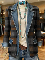 Retro Art Pattern Print Patchwork Denim Sweater Cardigan Coat