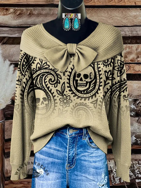 Women's Retro Paisley Skull Print Casual Cotton Sweater