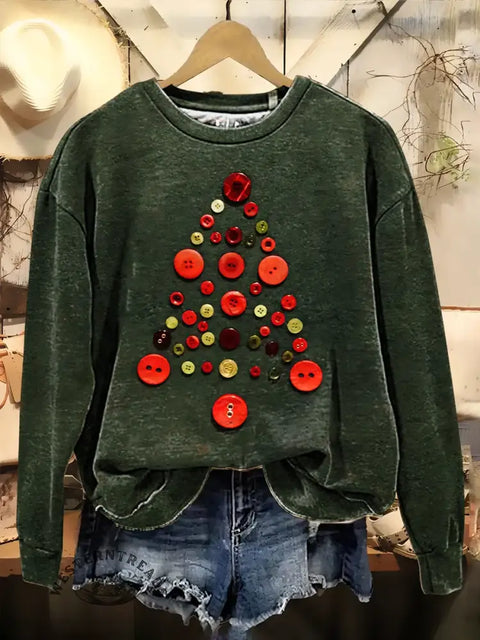 Buttons Christmas Tree Print Casual Cotton Sweatshirt