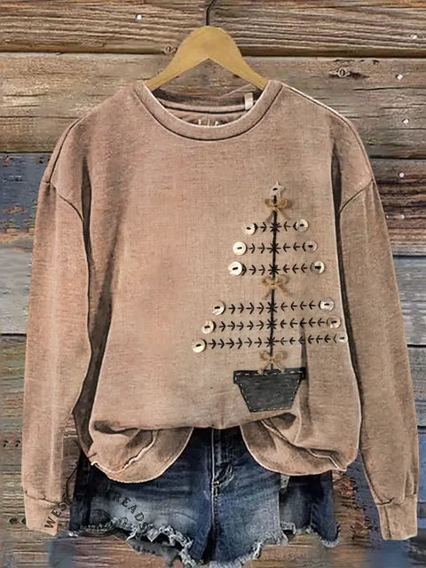 Retro Button Embroidered Visual Christmas Tree Casual Cotton Sweatshirt