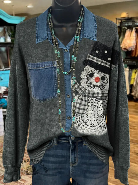 Snowman Print Casual Denim Patchwork Knit Top
