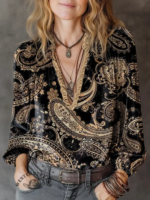 Retro Paisley V-neck long-sleeved shirt