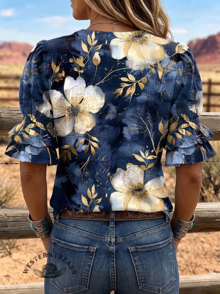 Women's Vintage Art Puff Sleeve Casual Shirt