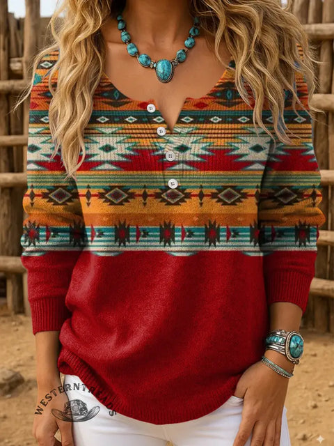 Retro Aztec Gradient Pattern Print Women's Casual Pullover Sweater