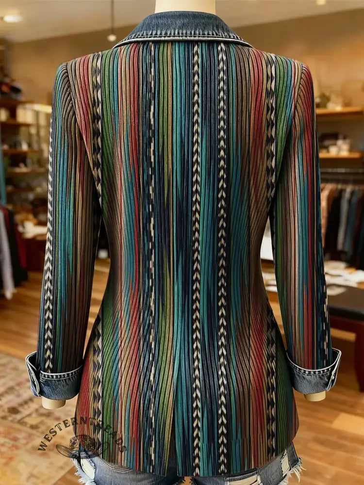 Aztec Art Print Patchwork Denim Sweater Cardigan Coat