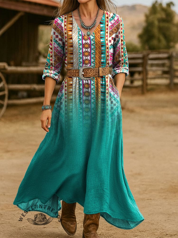 Women's Vintage Aztec Print Cotton Pocket Dress