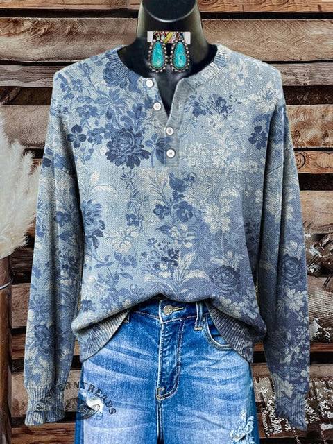 Floral Pattern Art Print Buttoned Cardigan Sweater