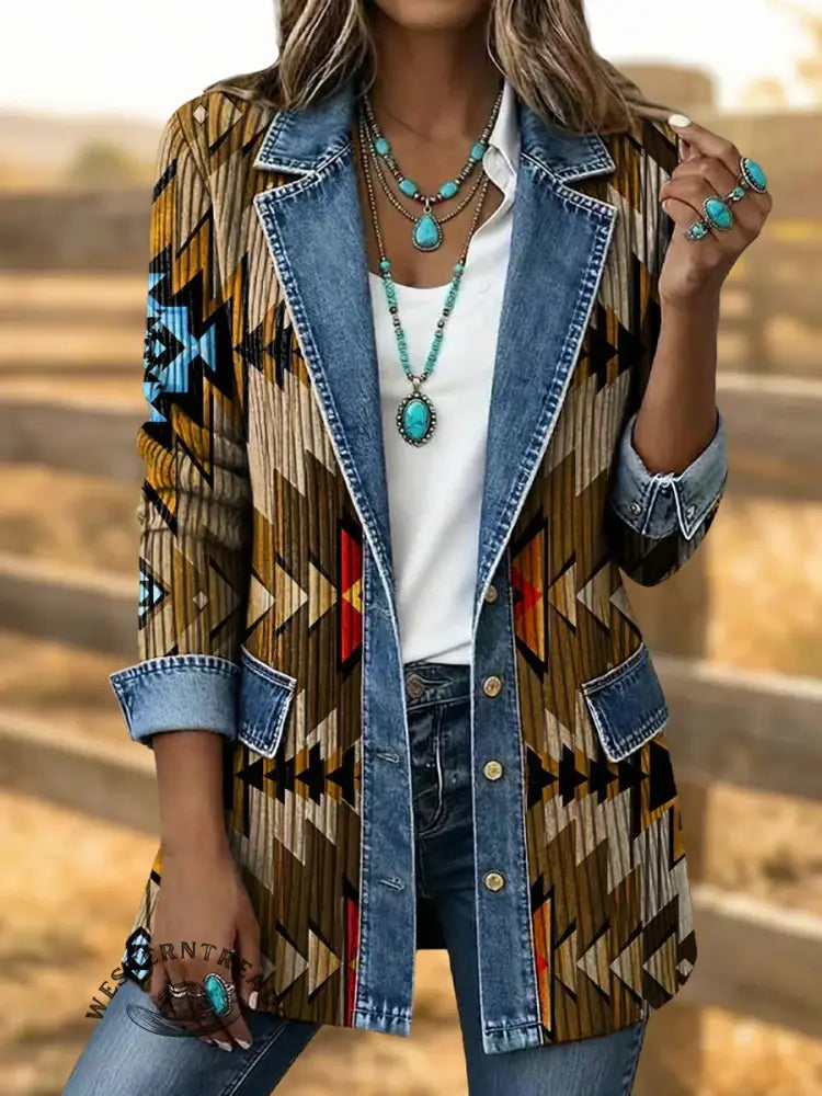 Retro Aztec Print Patchwork Denim Sweater Cardigan Coat