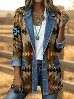 Retro Aztec Print Patchwork Denim Sweater Cardigan Coat