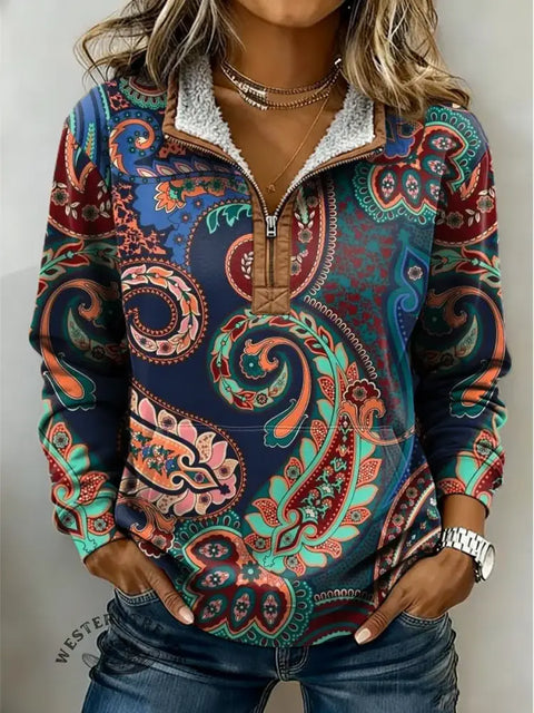 Paisley Print Casual Half-zip Cotton Sweatshirt