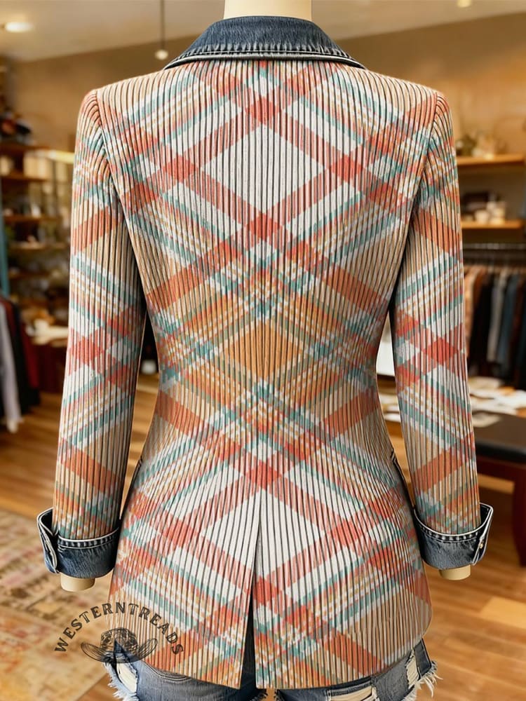 Plaid Print Patchwork Denim Sweater