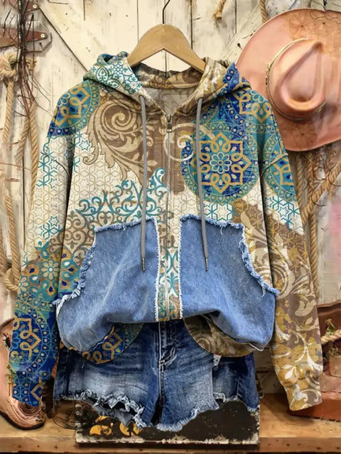 Retro Western Print Casual Cotton Patchwork Hooded Zip-up Sweatshirt