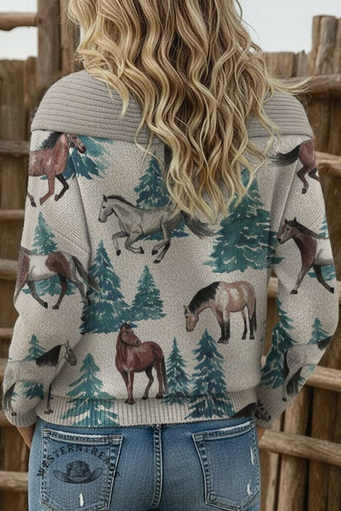 Women's Horse Print Casual Cotton Sweater
