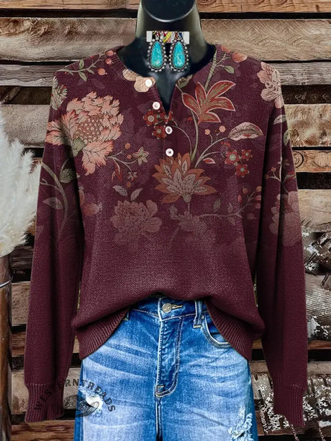 Retro Floral Print Buttoned Cardigan Sweater