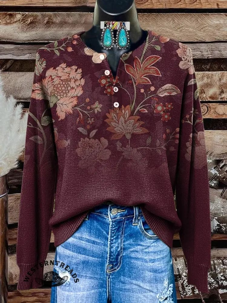 Retro Floral Print Buttoned Cardigan Sweater