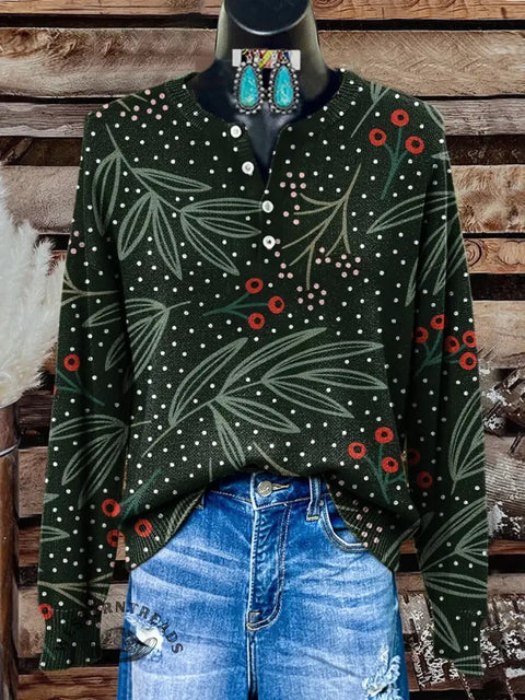 Christmas Floral Print Buttoned Cardigan Sweater
