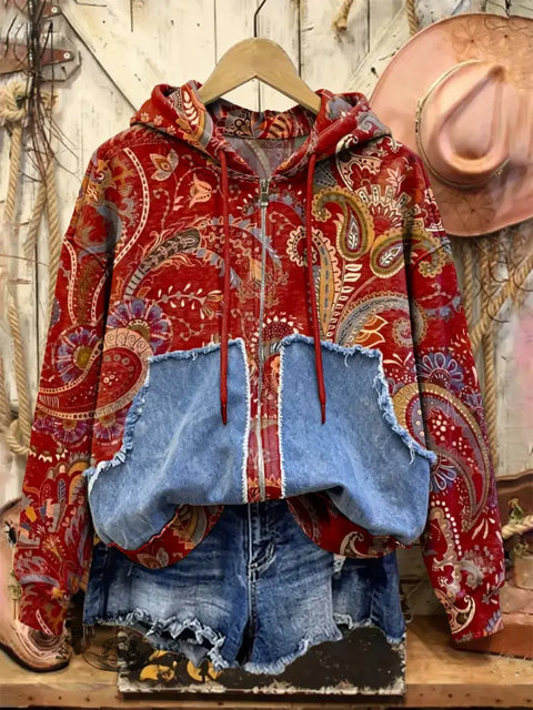 Retro Western Print Casual Cotton Patchwork Hooded Zip-up Sweatshirt
