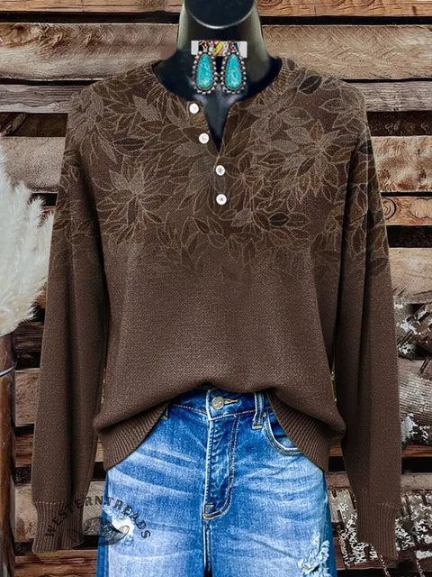 Retro Brown Gradient Flower Print Buttoned Cardigan Sweater