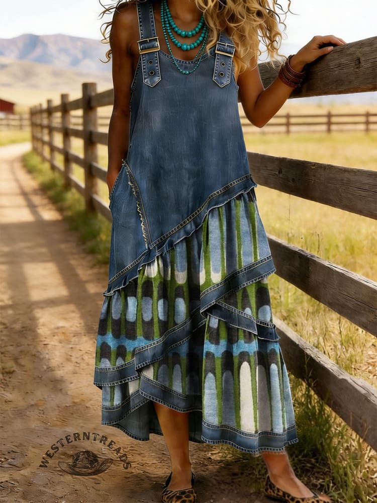 Abstract Art Print Sleeveless Multi-layered Ruffled Strap Dress