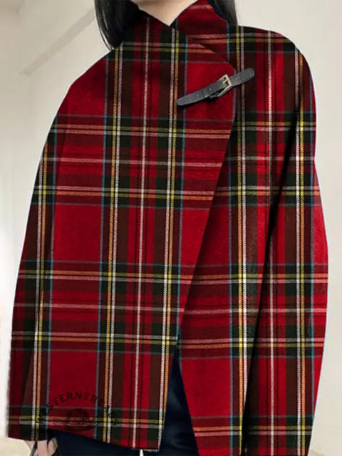 Checkered Print Buckle Long-Sleeved Cardigan Coat