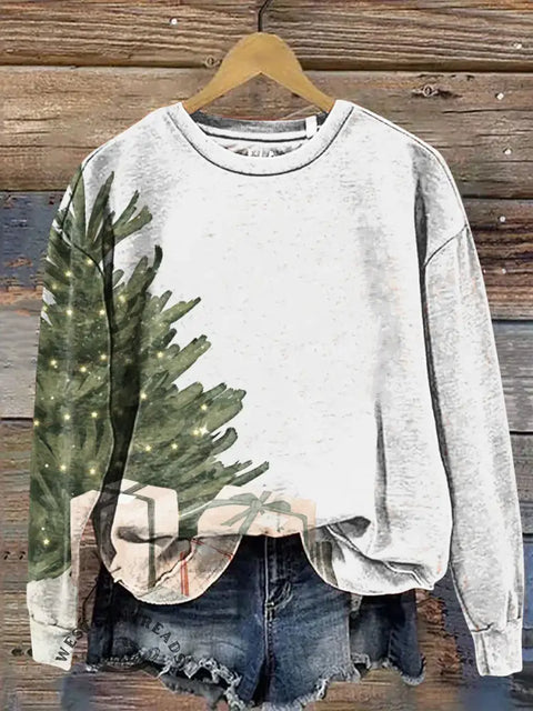 Christmas Pine Print Casual Cotton Sweatshirt
