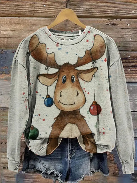 Christmas Reindeer Print Casual Cotton Sweatshirt