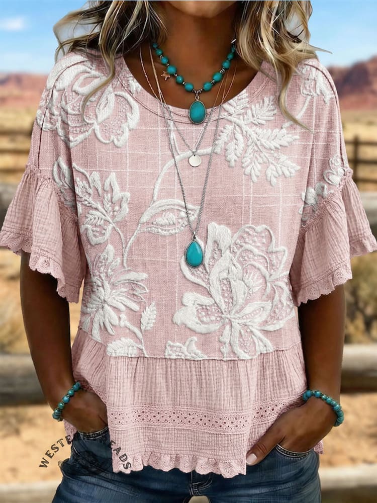 Vintage Art Hollowed Out Lace Patchwork T-Shirt
