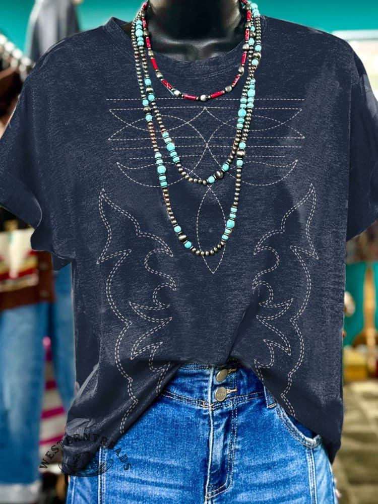 Boot Stitch Western Print Casual T-shirt