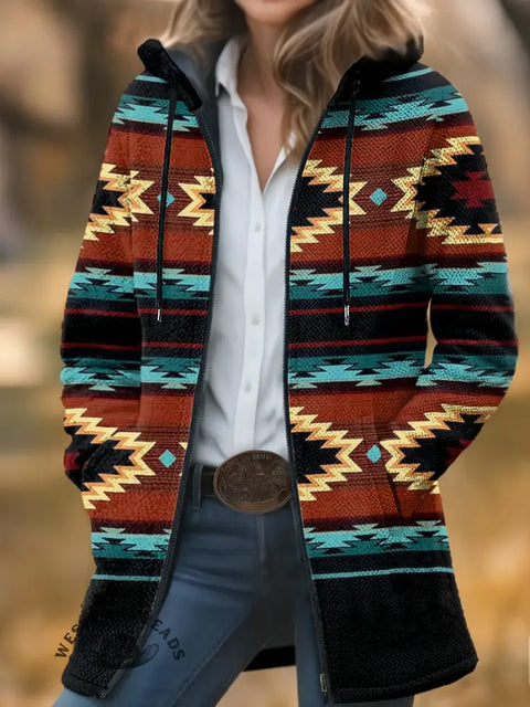 Retro Color Aztec Unisex Plush Thick Long-sleeved Cardigan Coat