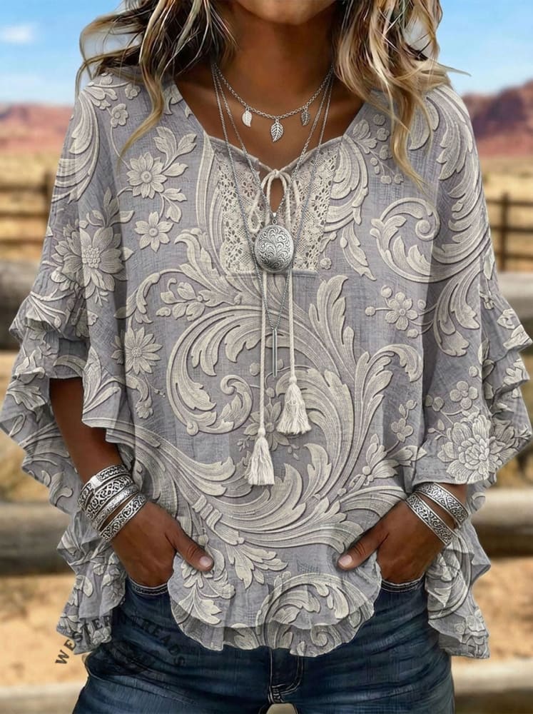 Vintage Art Print Patchwork Hollow Design Cotton And Linen Shirt