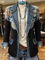 Retro Horseshoe Floral Pattern Print Patchwork Denim Sweater Cardigan Coat