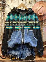 Retro Print Casual Cotton Patchwork Hooded Zip-up Sweatshirt