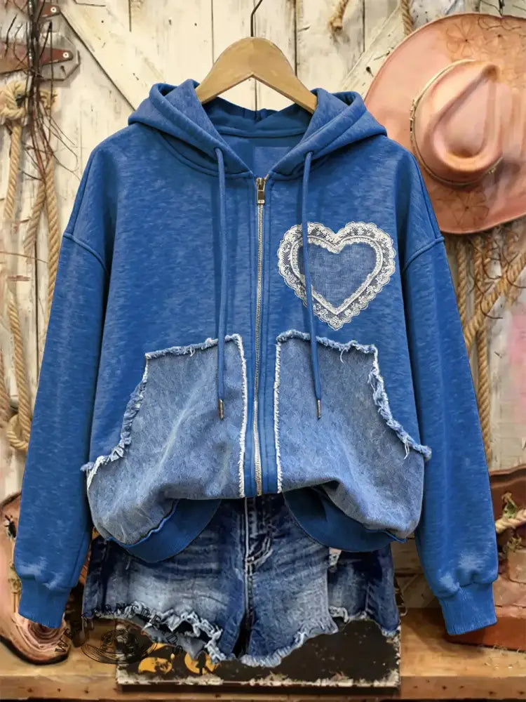 Heart Print Casual Cotton Patchwork Hooded Zip-up Sweatshirt