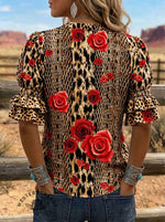 Women's Floral Cow Print Puff Sleeve Casual Shirt