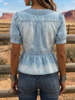 Women's Summer Pleated Ruffle Denim Shirt
