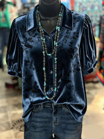 Women's Retro Floral Print Short Sleeve Velvet Shirt