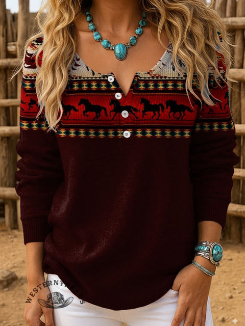 Retro Aztec Art Print Buttoned Open Collar Pullover Sweater