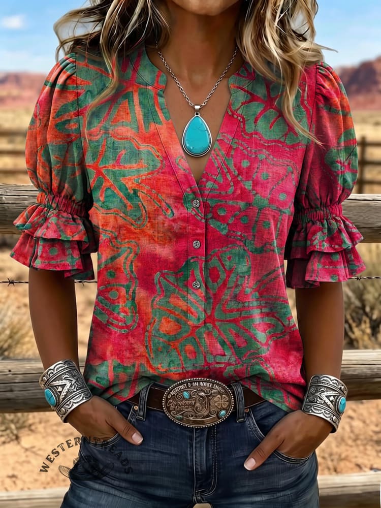 Women's Vintage Art Puff Sleeve Casual Shirt