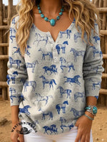 Women's Retro Horse Art Print Henley Neck Sweater Top