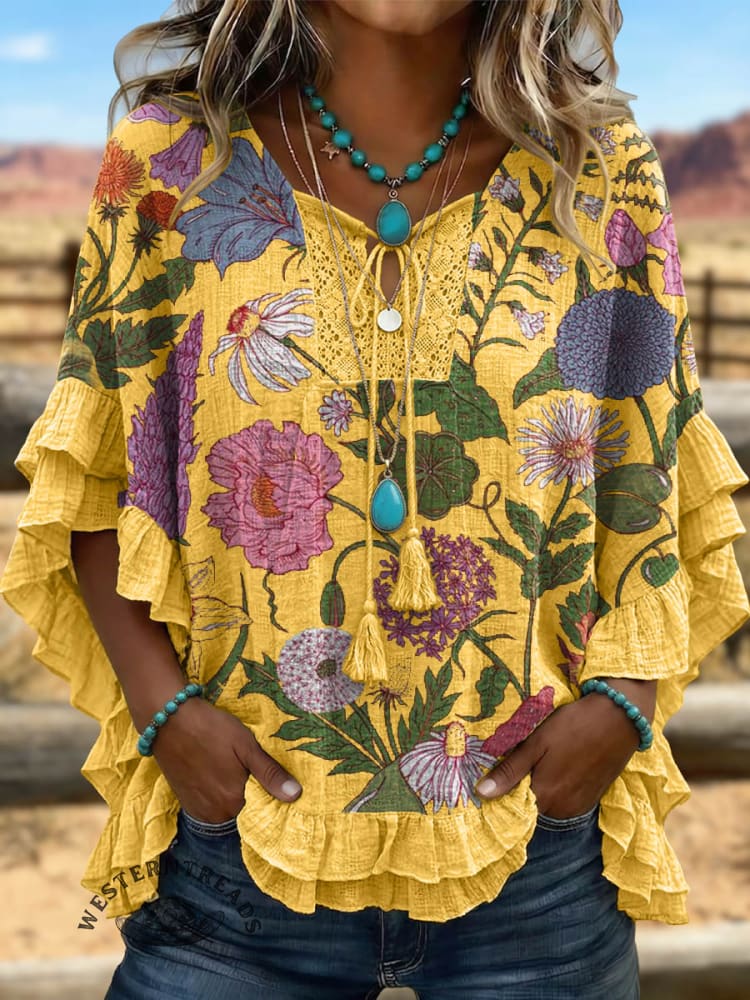 Vintage ArtPatchwork Hollow Design Cotton And Linen Shirt