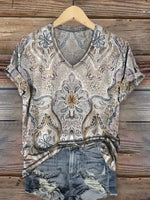 Retro Floral Print V-neck T-shirt