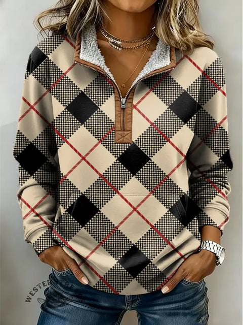 Plaid Print Casual Half-zip Cotton Sweatshirt