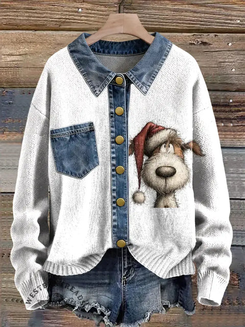 Dog Wearing A Santa Hat Print Patchwork Denim Knit Pullover Sweater