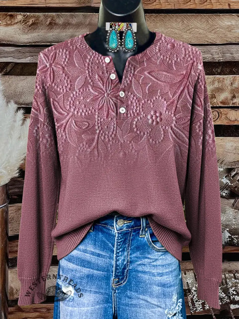 Retro 3d Flower Vision Gradient Print Buttoned Cardigan Sweater