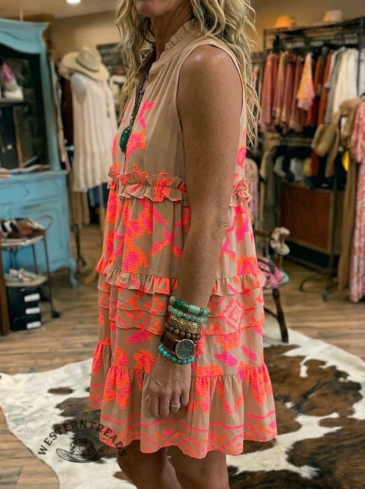 Vintage Floral Print Casual Ruffle Sleeveless Dress