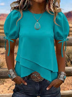 Women's Summer Puff Sleeve Layered Asymmetric Hem Casual Crewneck Shirt