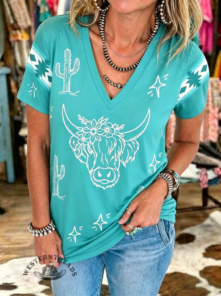 Turquoise Western Cowgirl V-neck T-shirt