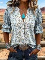 Women's Vintage Art Print Puff Sleeve Casual Shirt