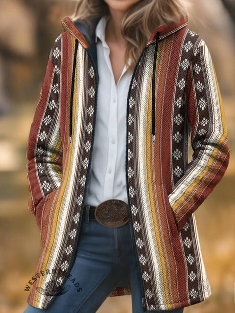 Aztec Print Unisex Plush Thick Long-sleeved Cardigan Coat