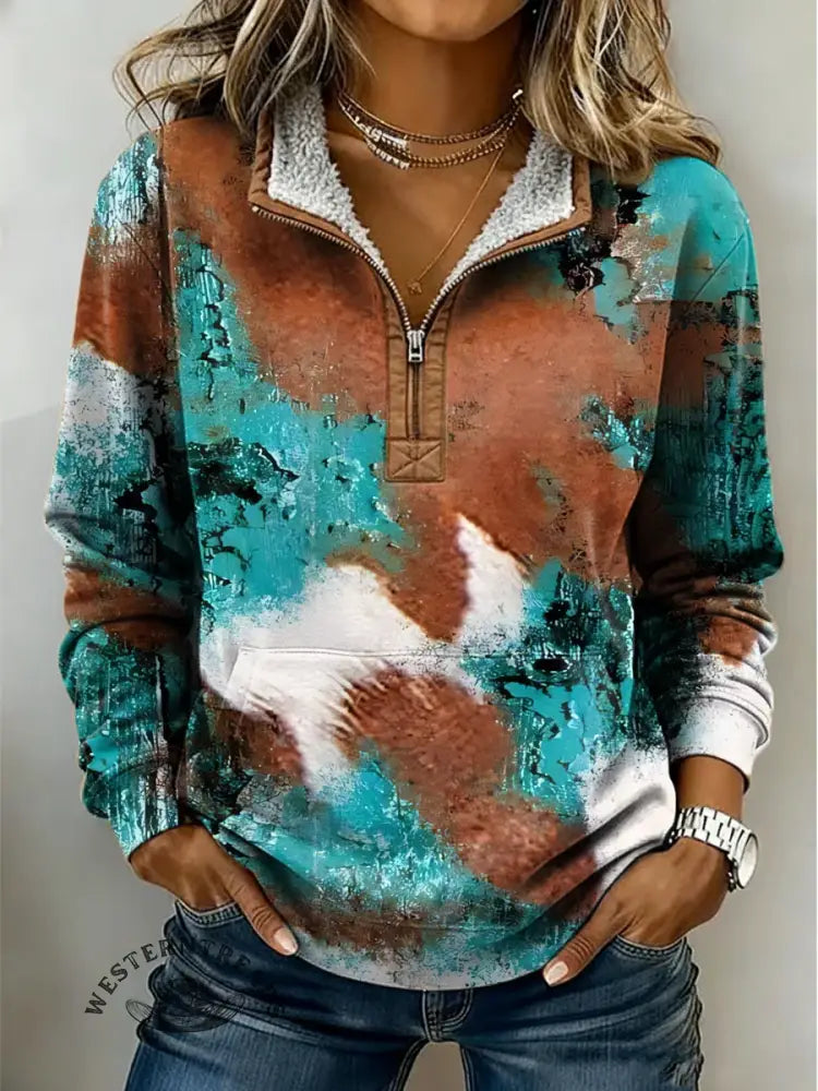 Retro Turquoise Texture Print Casual Half-zip Cotton Sweatshirt